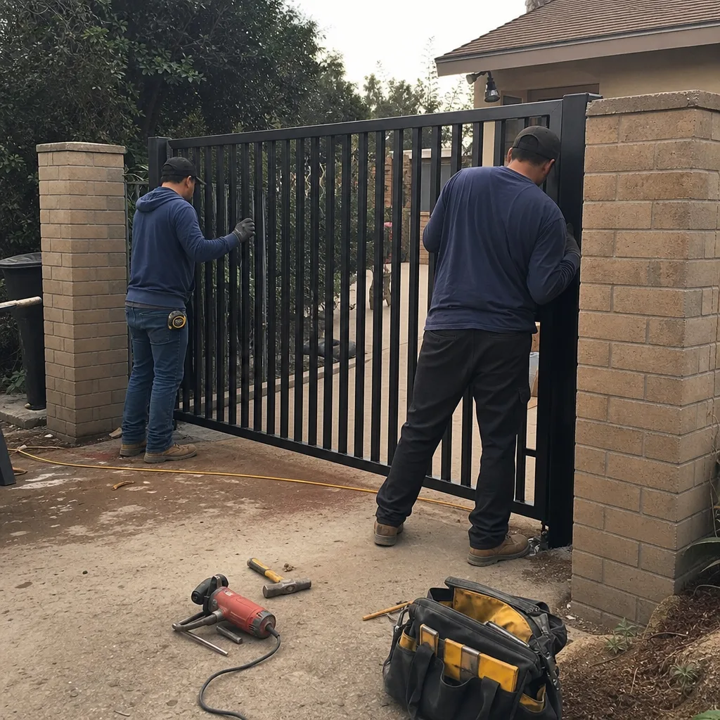 Two professional technicians installing a black metal residential security gate