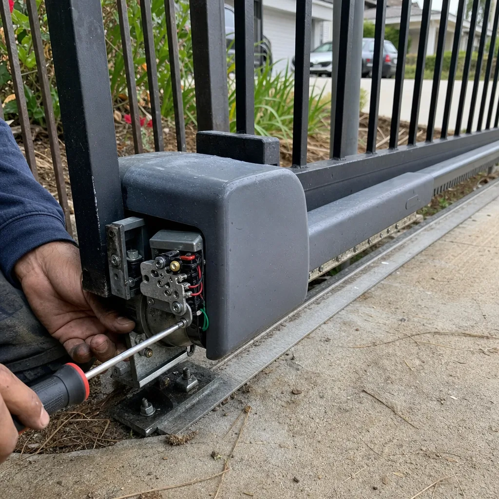 Technician performing professional sliding gate motor and opener repair